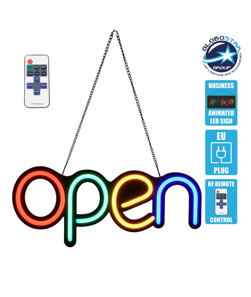 GloboStar® 85856 Φωτιστικό Ταμπέλα Φωτεινή Επιγραφή NEON LED Σήμανσης Animated OPEN 30W AC 230V με Διακόπτη On-Off και Ασύρματο Χειριστήριο IR Κόκκινο - Πράσινο - Κίτρινο - Γαλάζιο